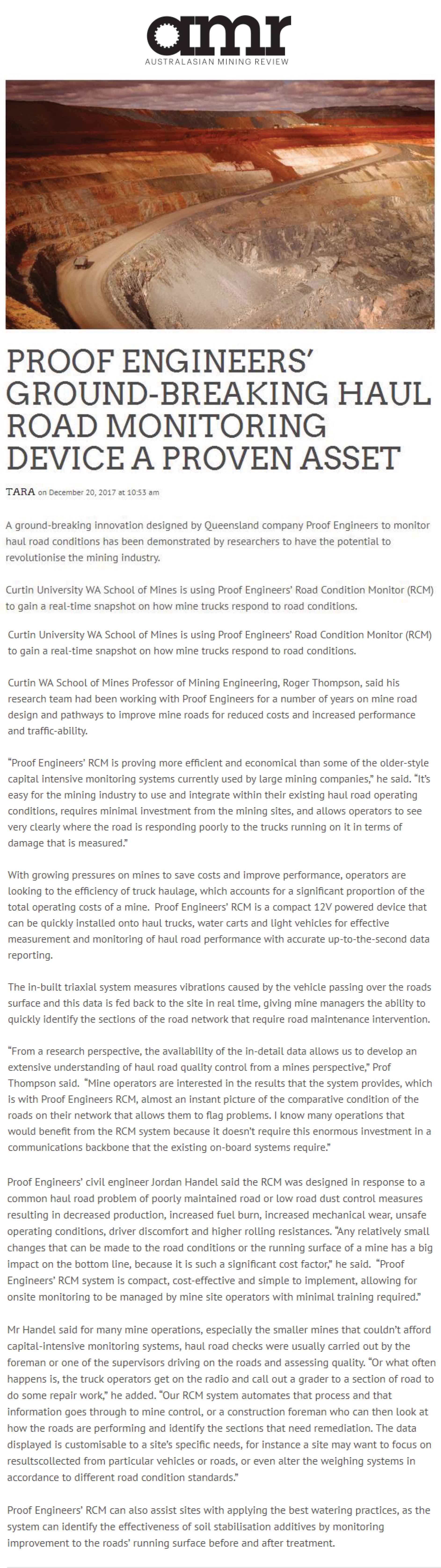 Proof Engineers' Ground-Breaking Haul Road Monitoring Device a Proven Asset